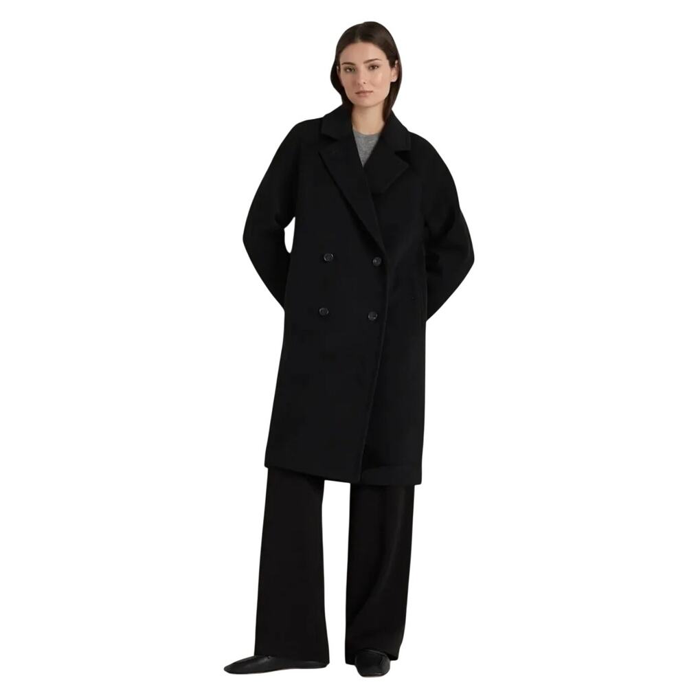 New Quince Women's XL Black Wool Cashmere Double-Breasted Slouch Coat Retro $200
